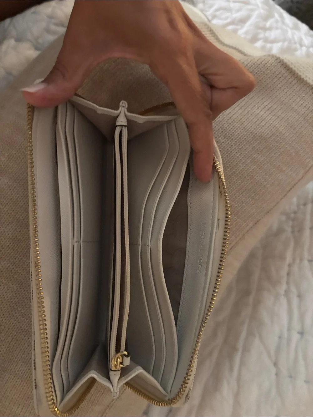 Michael Kors White Logo Zip Wallet with Gold Plate Hardware